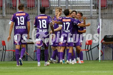 Fussball Bundesliga. SK Austria Klagenfurt gegen FC Blau Weiss Linz. Torjubel Ben Bobzien  (Klagenfurt).  Klagenfurt, am 31.8.2024.
Foto: Kuess
www.qspictures.net
---
pressefotos, pressefotografie, kuess, qs, qspictures, sport, bild, bilder, bilddatenbank