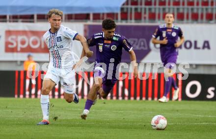 Fussball Bundesliga. SK Austria Klagenfurt gegen FC Blau Weiss Linz. Ben Bobzien,  (Klagenfurt), Alexander Briedl  (Linz).  Klagenfurt, am 31.8.2024.
Foto: Kuess
www.qspictures.net
---
pressefotos, pressefotografie, kuess, qs, qspictures, sport, bild, bilder, bilddatenbank