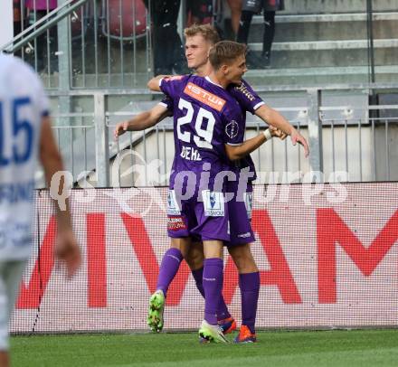 Fussball Bundesliga. SK Austria Klagenfurt gegen FC Blau Weiss Linz. Torjubel Nicolas Binder, Laurenz Dehl (Klagenfurt).  Klagenfurt, am 31.8.2024.
Foto: Kuess
www.qspictures.net
---
pressefotos, pressefotografie, kuess, qs, qspictures, sport, bild, bilder, bilddatenbank