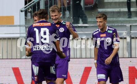 Fussball Bundesliga. SK Austria Klagenfurt gegen FC Blau Weiss Linz.  Torjubel Nicolas Binder, Laurenz Dehl, Philipp Wydra, Niklas Szerencis (Klagenfurt).  Klagenfurt, am 31.8.2024.
Foto: Kuess
www.qspictures.net
---
pressefotos, pressefotografie, kuess, qs, qspictures, sport, bild, bilder, bilddatenbank