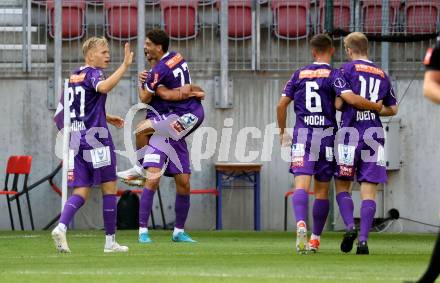 Fussball Bundesliga. SK Austria Klagenfurt gegen FC Blau Weiss Linz. Torjubel Ben Bobzien (Klagenfurt).  Klagenfurt, am 31.8.2024.
Foto: Kuess
www.qspictures.net
---
pressefotos, pressefotografie, kuess, qs, qspictures, sport, bild, bilder, bilddatenbank