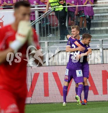 Fussball Bundesliga. SK Austria Klagenfurt gegen FC Blau Weiss Linz. Torjubel Nicolas Binder, Laurenz Dehl (Klagenfurt).  Klagenfurt, am 31.8.2024.
Foto: Kuess
www.qspictures.net
---
pressefotos, pressefotografie, kuess, qs, qspictures, sport, bild, bilder, bilddatenbank