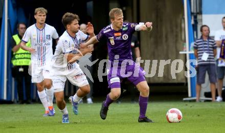 Fussball Bundesliga. SK Austria Klagenfurt gegen FC Blau Weiss Linz. Christopher Cvetko,  (Klagenfurt), Simon Seidl  (Linz).  Klagenfurt, am 31.8.2024.
Foto: Kuess
www.qspictures.net
---
pressefotos, pressefotografie, kuess, qs, qspictures, sport, bild, bilder, bilddatenbank