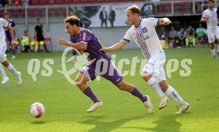 Fussball Bundesliga. SK Austria Klagenfurt gegen FC Blau Weiss Linz. Simon Straudi, (Klagenfurt), Simon Pirkl   (Linz).  Klagenfurt, am 31.8.2024.
Foto: Kuess
www.qspictures.net
---
pressefotos, pressefotografie, kuess, qs, qspictures, sport, bild, bilder, bilddatenbank