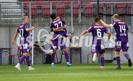 Fussball Bundesliga. SK Austria Klagenfurt gegen FC Blau Weiss Linz. Torjubel Ben Bobzien (Klagenfurt).  Klagenfurt, am 31.8.2024.
Foto: Kuess
www.qspictures.net
---
pressefotos, pressefotografie, kuess, qs, qspictures, sport, bild, bilder, bilddatenbank