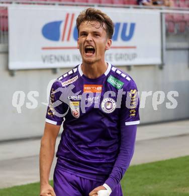 Fussball Bundesliga. SK Austria Klagenfurt gegen FC Blau Weiss Linz. Torjubel Philipp Wydra (Klagenfurt).  Klagenfurt, am 31.8.2024.
Foto: Kuess
www.qspictures.net
---
pressefotos, pressefotografie, kuess, qs, qspictures, sport, bild, bilder, bilddatenbank