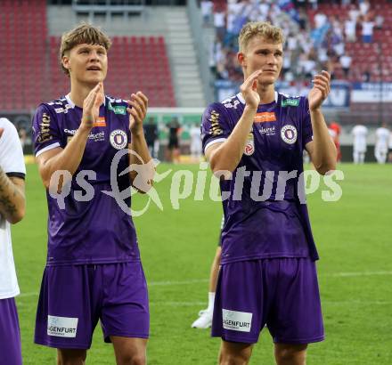 Fussball Bundesliga. SK Austria Klagenfurt gegen FC Blau Weiss Linz. Jannik Robatsch, Nicolas Binder (Klagenfurt).  Klagenfurt, am 31.8.2024.
Foto: Kuess
www.qspictures.net
---
pressefotos, pressefotografie, kuess, qs, qspictures, sport, bild, bilder, bilddatenbank