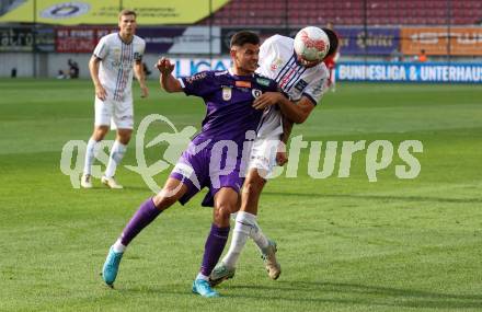 Fussball Bundesliga. SK Austria Klagenfurt gegen FC Blau Weiss Linz. David Toshevski,  (Klagenfurt),  Alem Pasic (Linz).  Klagenfurt, am 31.8.2024.
Foto: Kuess
www.qspictures.net
---
pressefotos, pressefotografie, kuess, qs, qspictures, sport, bild, bilder, bilddatenbank