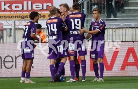 Fussball Bundesliga. SK Austria Klagenfurt gegen FC Blau Weiss Linz. Torjubel Nicolas Binder, (Klagenfurt).  Klagenfurt, am 31.8.2024.
Foto: Kuess
www.qspictures.net
---
pressefotos, pressefotografie, kuess, qs, qspictures, sport, bild, bilder, bilddatenbank