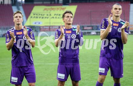 Fussball Bundesliga. SK Austria Klagenfurt gegen FC Blau Weiss Linz. Laurenz Dehl, Philipp Wydra, Niklas Szerencsi (Klagenfurt).  Klagenfurt, am 31.8.2024.
Foto: Kuess
www.qspictures.net
---
pressefotos, pressefotografie, kuess, qs, qspictures, sport, bild, bilder, bilddatenbank