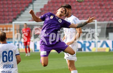 Fussball Bundesliga. SK Austria Klagenfurt gegen FC Blau Weiss Linz. David Toshevski,  (Klagenfurt),  Alem Pasic (Linz).  Klagenfurt, am 31.8.2024.
Foto: Kuess
www.qspictures.net
---
pressefotos, pressefotografie, kuess, qs, qspictures, sport, bild, bilder, bilddatenbank