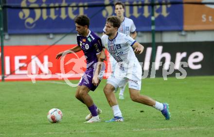 Fussball Bundesliga. SK Austria Klagenfurt gegen FC Blau Weiss Linz. Ben Bobzien,l (Klagenfurt),  Simon Seid  (Linz).  Klagenfurt, am 31.8.2024.
Foto: Kuess
www.qspictures.net
---
pressefotos, pressefotografie, kuess, qs, qspictures, sport, bild, bilder, bilddatenbank