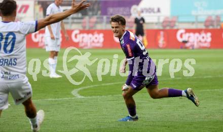 Fussball Bundesliga. SK Austria Klagenfurt gegen FC Blau Weiss Linz. Torjubel Philipp Wydra (Klagenfurt).  Klagenfurt, am 31.8.2024.
Foto: Kuess
www.qspictures.net
---
pressefotos, pressefotografie, kuess, qs, qspictures, sport, bild, bilder, bilddatenbank