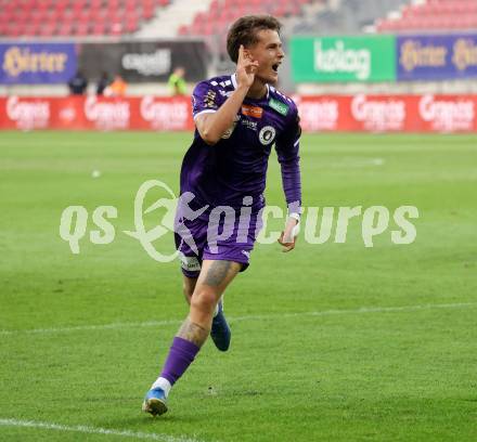 Fussball Bundesliga. SK Austria Klagenfurt gegen FC Blau Weiss Linz. Torjubel Philipp Wydra (Klagenfurt).  Klagenfurt, am 31.8.2024.
Foto: Kuess
www.qspictures.net
---
pressefotos, pressefotografie, kuess, qs, qspictures, sport, bild, bilder, bilddatenbank