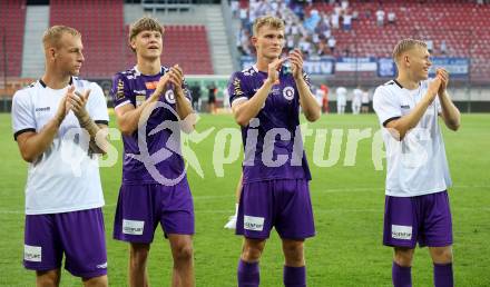 Fussball Bundesliga. SK Austria Klagenfurt gegen FC Blau Weiss Linz. Florian Jaritz, Jannik Robatsch, Nicolas Binder, Jonas Kuehn (Klagenfurt).  Klagenfurt, am 31.8.2024.
Foto: Kuess
www.qspictures.net
---
pressefotos, pressefotografie, kuess, qs, qspictures, sport, bild, bilder, bilddatenbank