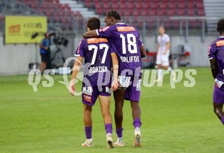 Fussball Bundesliga. SK Austria Klagenfurt gegen FC Blau Weiss Linz. Ben Bobzien, Dikeni-Rafid Salifou (Klagenfurt).  Klagenfurt, am 31.8.2024.
Foto: Kuess
www.qspictures.net
---
pressefotos, pressefotografie, kuess, qs, qspictures, sport, bild, bilder, bilddatenbank