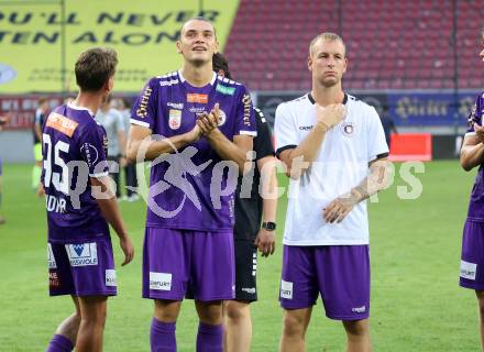 Fussball Bundesliga. SK Austria Klagenfurt gegen FC Blau Weiss Linz.  Nicolas Szerencsi, Florian Jaritz (Klagenfurt).  Klagenfurt, am 31.8.2024.
Foto: Kuess
www.qspictures.net
---
pressefotos, pressefotografie, kuess, qs, qspictures, sport, bild, bilder, bilddatenbank