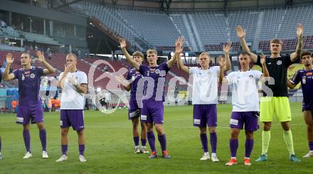 Fussball Bundesliga. SK Austria Klagenfurt gegen FC Blau Weiss Linz.  Niklas Szerencsi, Florian Jaritz, Nicolas Binder, Jonas Kuehn, Tobias Koch, Simon Spari (Klagenfurt).  Klagenfurt, am 31.8.2024.
Foto: Kuess
www.qspictures.net
---
pressefotos, pressefotografie, kuess, qs, qspictures, sport, bild, bilder, bilddatenbank