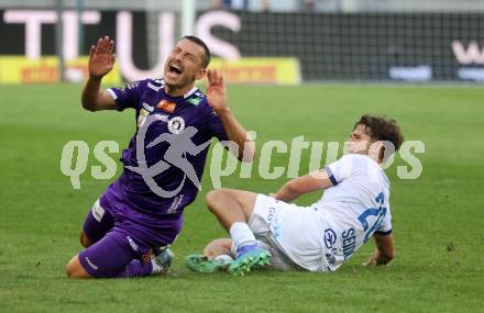 Fussball Bundesliga. SK Austria Klagenfurt gegen FC Blau Weiss Linz. Christopher Wernitznig, (Klagenfurt),  Simon Seidl  (Linz).  Klagenfurt, am 31.8.2024.
Foto: Kuess
www.qspictures.net
---
pressefotos, pressefotografie, kuess, qs, qspictures, sport, bild, bilder, bilddatenbank