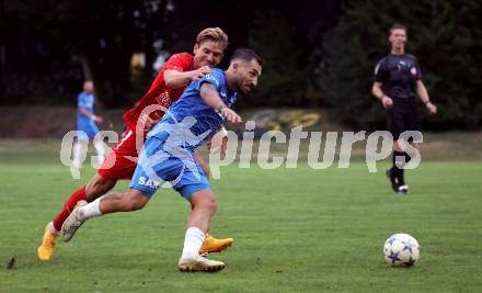 Fussball Kaerntner Liga. KAC gegen SAK. Peter Pucker (KAC),  Yosifov Svetlozar Angelov  (SAK).  Klagenfurt, am 6.9.2024.
Foto: Kuess
www.qspictures.net
---
pressefotos, pressefotografie, kuess, qs, qspictures, sport, bild, bilder, bilddatenbank