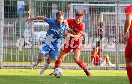 Fussball Kaerntner Liga. KAC gegen SAK. Alexander Maximinian Bergmann (KAC),  Luka Djukic  (SAK).  Klagenfurt, am 6.9.2024.
Foto: Kuess
www.qspictures.net
---
pressefotos, pressefotografie, kuess, qs, qspictures, sport, bild, bilder, bilddatenbank