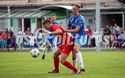 Fussball Kaerntner Liga. KAC gegen SAK. Alexander Maximinian Bergmann  (KAC),  Jakob Geister  (SAK).  Klagenfurt, am 6.9.2024.
Foto: Kuess
www.qspictures.net
---
pressefotos, pressefotografie, kuess, qs, qspictures, sport, bild, bilder, bilddatenbank