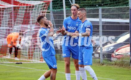 Fussball Kaerntner Liga. KAC gegen SAK.  Torjubel Yosifov Svetlozar Angelov, Jakob Geister, Zoran Vukovic   (SAK).  Klagenfurt, am 6.9.2024.
Foto: Kuess
www.qspictures.net
---
pressefotos, pressefotografie, kuess, qs, qspictures, sport, bild, bilder, bilddatenbank