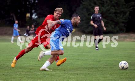 Fussball Kaerntner Liga. KAC gegen SAK. Peter Pucker (KAC),  Yosifov Svetlozar Angelov  (SAK).  Klagenfurt, am 6.9.2024.
Foto: Kuess
www.qspictures.net
---
pressefotos, pressefotografie, kuess, qs, qspictures, sport, bild, bilder, bilddatenbank