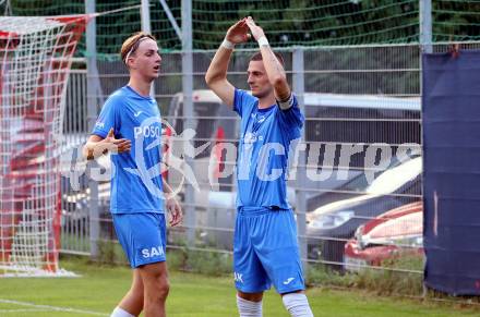 Fussball Kaerntner Liga. KAC gegen SAK.  Torjubel  Jakob Geister, Zoran Vukovic   (SAK).  Klagenfurt, am 6.9.2024.
Foto: Kuess
www.qspictures.net
---
pressefotos, pressefotografie, kuess, qs, qspictures, sport, bild, bilder, bilddatenbank