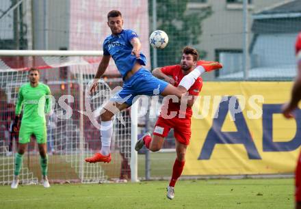 Fussball Kaerntner Liga. KAC gegen SAK. Jakob Orgonyi (KAC),   Leo Ejup (SAK).  Klagenfurt, am 6.9.2024.
Foto: Kuess
www.qspictures.net
---
pressefotos, pressefotografie, kuess, qs, qspictures, sport, bild, bilder, bilddatenbank