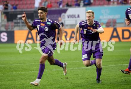 Fussball Bundesliga.  SK Austria Klagenfurt gegen TSV Egger Glas Hartberg . Torjubel  Ben Bobzien, Christopher Cvetko  (Klagenfurt). Klagenfurt, am 21.9.2024.
Foto: Kuess
www.qspictures.net
---
pressefotos, pressefotografie, kuess, qs, qspictures, sport, bild, bilder, bilddatenbank