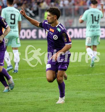 Fussball Bundesliga.  SK Austria Klagenfurt gegen TSV Egger Glas Hartberg . Torjubel  Ben Bobzien,  (Klagenfurt). Klagenfurt, am 21.9.2024.
Foto: Kuess
www.qspictures.net
---
pressefotos, pressefotografie, kuess, qs, qspictures, sport, bild, bilder, bilddatenbank