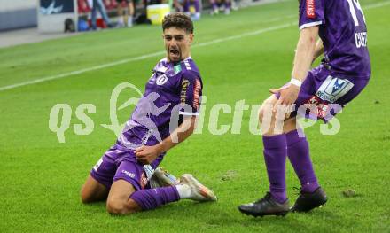 Fussball Bundesliga.  SK Austria Klagenfurt gegen TSV Egger Glas Hartberg . Torjubel  Ben Bobzien  (Klagenfurt). Klagenfurt, am 21.9.2024.
Foto: Kuess
www.qspictures.net
---
pressefotos, pressefotografie, kuess, qs, qspictures, sport, bild, bilder, bilddatenbank