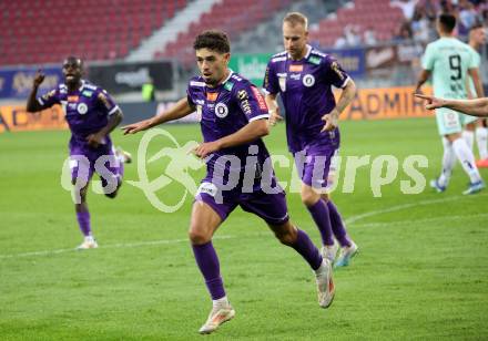 Fussball Bundesliga.  SK Austria Klagenfurt gegen TSV Egger Glas Hartberg . Torjubel  Ben Bobzien  (Klagenfurt). Klagenfurt, am 21.9.2024.
Foto: Kuess
www.qspictures.net
---
pressefotos, pressefotografie, kuess, qs, qspictures, sport, bild, bilder, bilddatenbank