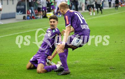 Fussball Bundesliga.  SK Austria Klagenfurt gegen TSV Egger Glas Hartberg .  Torjubel  Ben Bobzien, Christopher Cvetko (Klagenfurt). Klagenfurt, am 21.9.2024.
Foto: Kuess
www.qspictures.net
---
pressefotos, pressefotografie, kuess, qs, qspictures, sport, bild, bilder, bilddatenbank