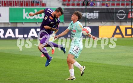 Fussball Bundesliga.  SK Austria Klagenfurt gegen TSV Egger Glas Hartberg . Kosmas Gkezos,  (Klagenfurt),  Maximilian Fillafer  (Hartberg). Klagenfurt, am 21.9.2024.
Foto: Kuess
www.qspictures.net
---
pressefotos, pressefotografie, kuess, qs, qspictures, sport, bild, bilder, bilddatenbank