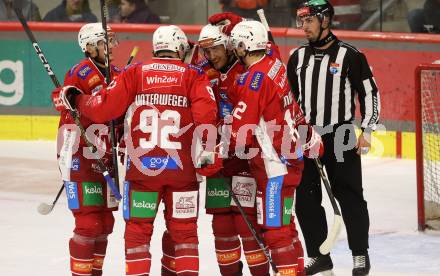 EBEL. Eishockey Bundesliga. KAC gegen Olimpija Ljubljana.  Torjubel Nick Pastujov, Simeonn Schwinger, Daniel Obersteiner, David Maier, Clemens Unterweger  (KAC). Klagenfurt, 22.9.2024. 
Foto: Kuess
www.qspictures.net
---
pressefotos, pressefotografie, kuess, qs, qspictures, sport, bild, bilder, bilddatenbank