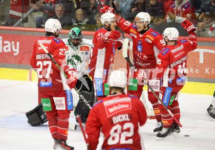 EBEL. Eishockey Bundesliga. KAC gegen Olimpija Ljubljana.  Torjubel Matthew Fraser, Johannes Bischofberger, Jesper Jensen Aabo, Thomas Hundertpfund, Thimo Nickl  (KAC). Klagenfurt, 22.9.2024. 
Foto: Kuess
www.qspictures.net
---
pressefotos, pressefotografie, kuess, qs, qspictures, sport, bild, bilder, bilddatenbank