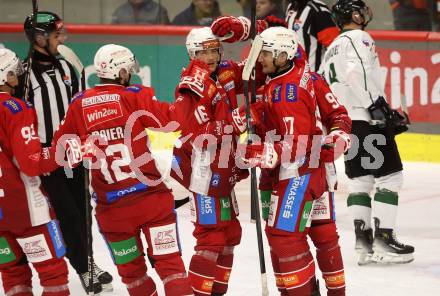 EBEL. Eishockey Bundesliga. KAC gegen Olimpija Ljubljana.  Torjubel Nick Pastujov, Simeonn Schwinger, Daniel Obersteiner, David Maier  (KAC). Klagenfurt, 22.9.2024. 
Foto: Kuess
www.qspictures.net
---
pressefotos, pressefotografie, kuess, qs, qspictures, sport, bild, bilder, bilddatenbank