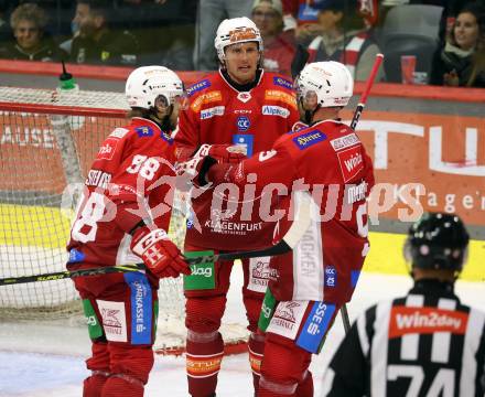 EBEL. Eishockey Bundesliga. KAC gegen Olimpija Ljubljana.  Torjubel Mathias From, Jan Mursak, Daniel Obersteiner  (KAC). Klagenfurt, 22.9.2024. 
Foto: Kuess
www.qspictures.net
---
pressefotos, pressefotografie, kuess, qs, qspictures, sport, bild, bilder, bilddatenbank