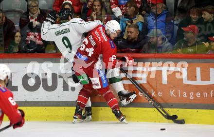 EBEL. Eishockey Bundesliga. KAC gegen Olimpija Ljubljana.   Maximilian Preiml,  (KAC),  Kale Kerbashian (Ljubljana). Klagenfurt, 22.9.2024. 
Foto: Kuess
www.qspictures.net
---
pressefotos, pressefotografie, kuess, qs, qspictures, sport, bild, bilder, bilddatenbank