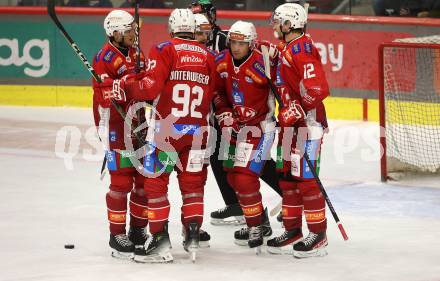 EBEL. Eishockey Bundesliga. KAC gegen Olimpija Ljubljana.   Torjubel Nick Pastujov, Simeonn Schwinger, Daniel Obersteiner, David Maier, Clemens Unterweger (KAC). Klagenfurt, 22.9.2024. 
Foto: Kuess
www.qspictures.net
---
pressefotos, pressefotografie, kuess, qs, qspictures, sport, bild, bilder, bilddatenbank