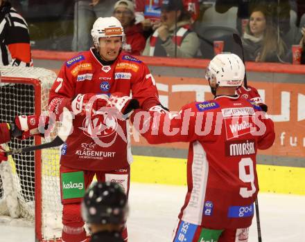 EBEL. Eishockey Bundesliga. KAC gegen Olimpija Ljubljana.   Torjubel Mathias From, Jan Mursak (KAC). Klagenfurt, 22.9.2024. 
Foto: Kuess
www.qspictures.net
---
pressefotos, pressefotografie, kuess, qs, qspictures, sport, bild, bilder, bilddatenbank