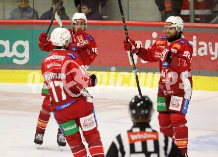 EBEL. Eishockey Bundesliga. KAC gegen Olimpija Ljubljana.  Torjubel Nick Pastujov, Simeonn Schwinger, Daniel Obersteiner  (KAC). Klagenfurt, 22.9.2024. 
Foto: Kuess
www.qspictures.net
---
pressefotos, pressefotografie, kuess, qs, qspictures, sport, bild, bilder, bilddatenbank