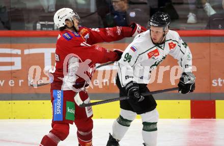 EBEL. Eishockey Bundesliga. KAC gegen Olimpija Ljubljana.   Simeonn Schwinger,  (KAC),  Blaz Tomazevic (Ljubljana). Klagenfurt, 22.9.2024. 
Foto: Kuess
www.qspictures.net
---
pressefotos, pressefotografie, kuess, qs, qspictures, sport, bild, bilder, bilddatenbank