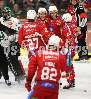 EBEL. Eishockey Bundesliga. KAC gegen Olimpija Ljubljana.  Torjubel Matthew Fraser, Johannes Bischofberger, Jesper Jensen Aabo, Thomas Hundertpfund, Thimo Nickl  (KAC). Klagenfurt, 22.9.2024. 
Foto: Kuess
www.qspictures.net
---
pressefotos, pressefotografie, kuess, qs, qspictures, sport, bild, bilder, bilddatenbank