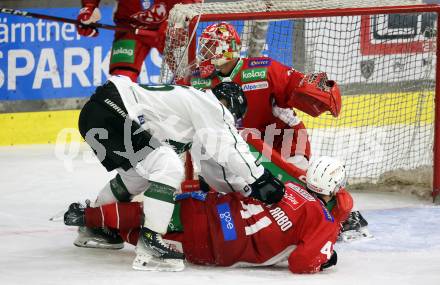 EBEL. Eishockey Bundesliga. KAC gegen Olimpija Ljubljana.  Jesper Jensen Aabo, Sebastian Dahm,   (KAC),  Maria Bicevskis (Ljubljana). Klagenfurt, 22.9.2024. 
Foto: Kuess
www.qspictures.net
---
pressefotos, pressefotografie, kuess, qs, qspictures, sport, bild, bilder, bilddatenbank