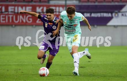 Fussball Bundesliga.  SK Austria Klagenfurt gegen TSV Egger Glas Hartberg .  Ben Bobzien,  (Klagenfurt),  Marco Phillip Hoffmann (Hartberg). Klagenfurt, am 21.9.2024.
Foto: Kuess
www.qspictures.net
---
pressefotos, pressefotografie, kuess, qs, qspictures, sport, bild, bilder, bilddatenbank