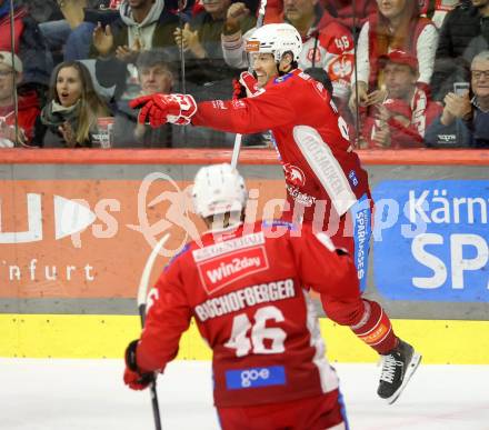 EBEL. Eishockey Bundesliga. KAC gegen Olimpija Ljubljana.  Torjubel Matthew Fraser, Johannes Bischofberger  (KAC). Klagenfurt, 22.9.2024. 
Foto: Kuess
www.qspictures.net
---
pressefotos, pressefotografie, kuess, qs, qspictures, sport, bild, bilder, bilddatenbank