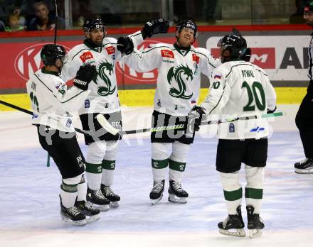 EBEL. Eishockey Bundesliga. KAC gegen Olimpija Ljubljana.  Torjubel Ziga Pance, Kale Kerbashian, Arvin Atwal (Ljubljana). Klagenfurt, 22.9.2024. 
Foto: Kuess
www.qspictures.net
---
pressefotos, pressefotografie, kuess, qs, qspictures, sport, bild, bilder, bilddatenbank